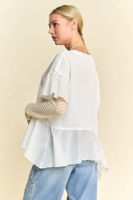 Davi & Dani Waffle Knit Bodice Ruffle Bottom Detail Top