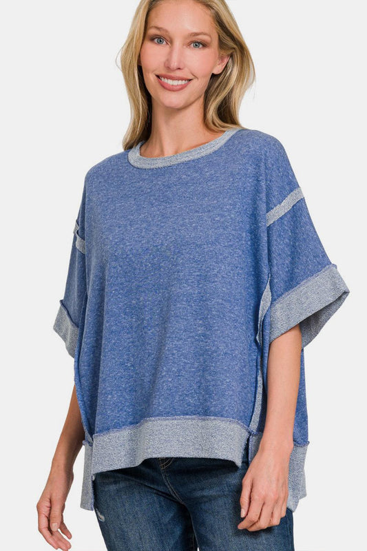 Zenana Contrast Trim Drop Shoulder T-Shirt Lt Navy