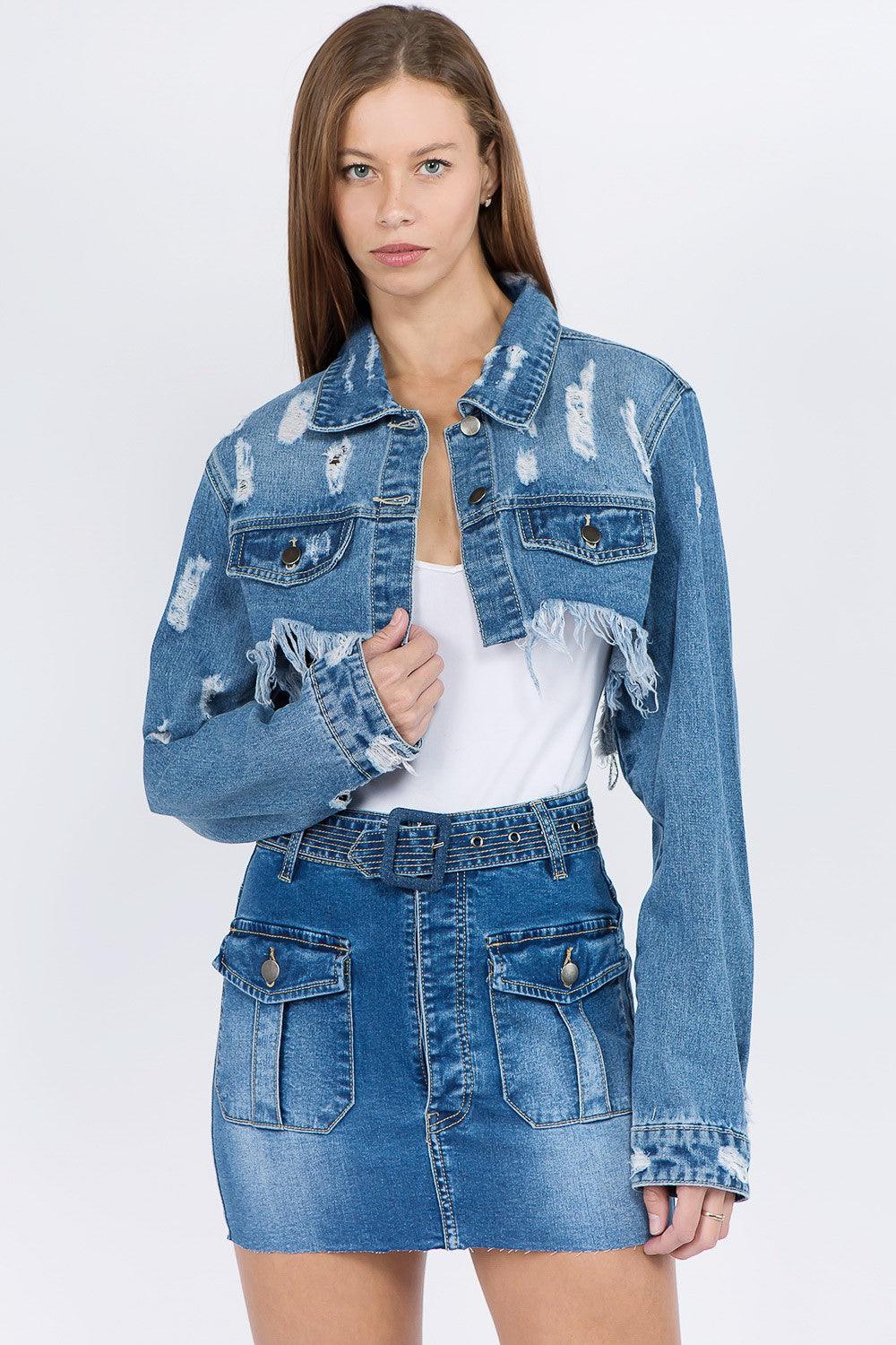 American Bazi Distressed Denim Jacket with Frayed Hem Blue