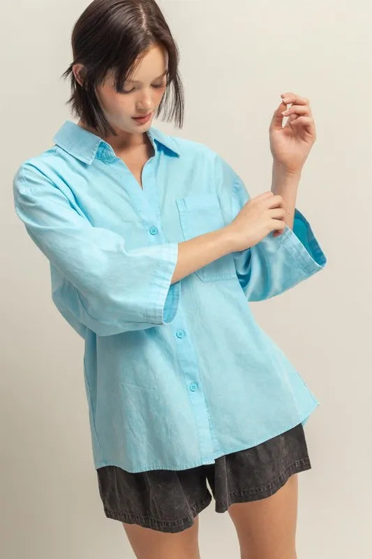 HYFVE Button Down Collared Neck Relaxed Fit Shirt Pastel Blue