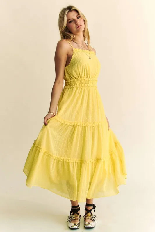 Davi & Dani Texture Swiss Dot Ruffle Square Neck Midi Dress