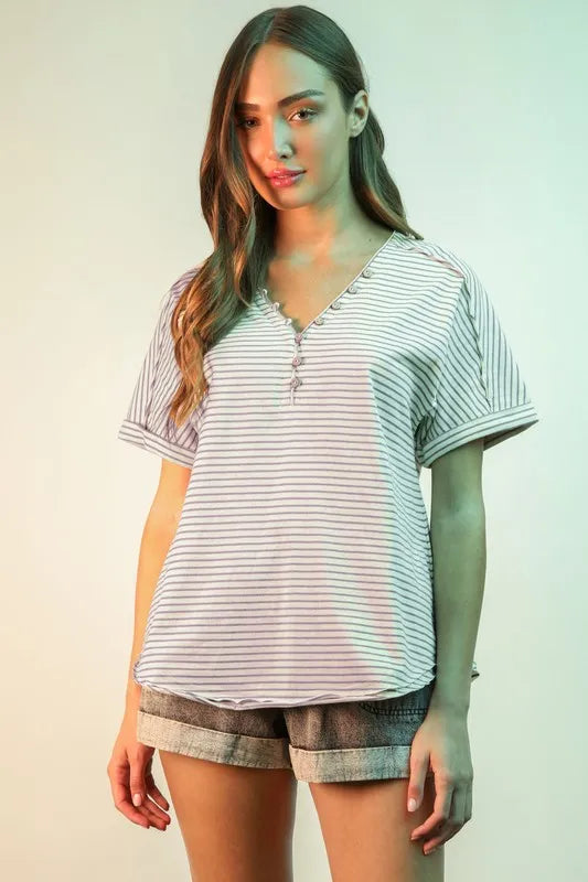 VERY J Striped V-Neck Short Sleeve T-Shirt Lavender