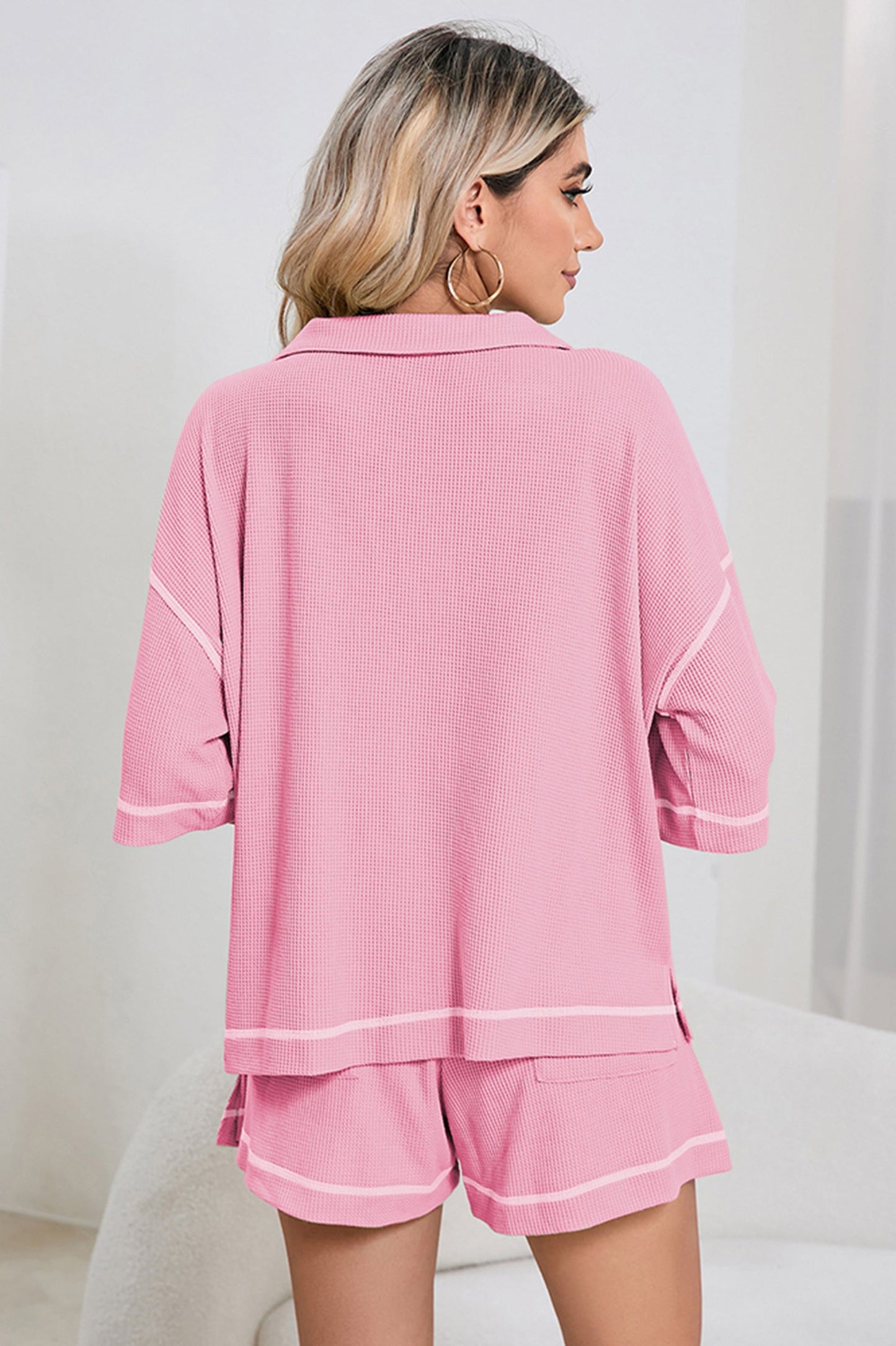 Colorblock Trim Waffle Knit Top and Shorts Set