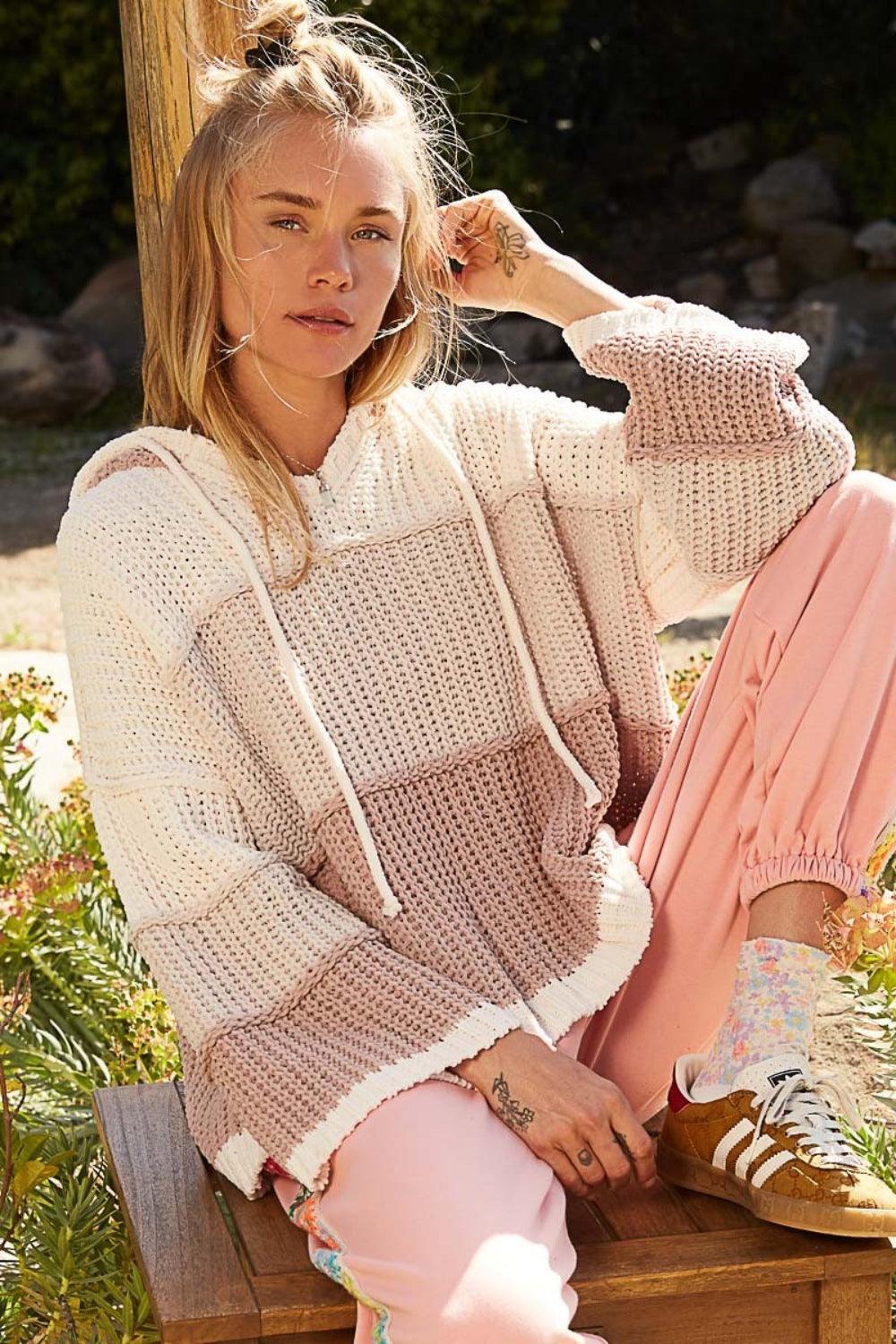 POL Color Block Long Sleeve Hooded Sweater Cream Beige Multi
