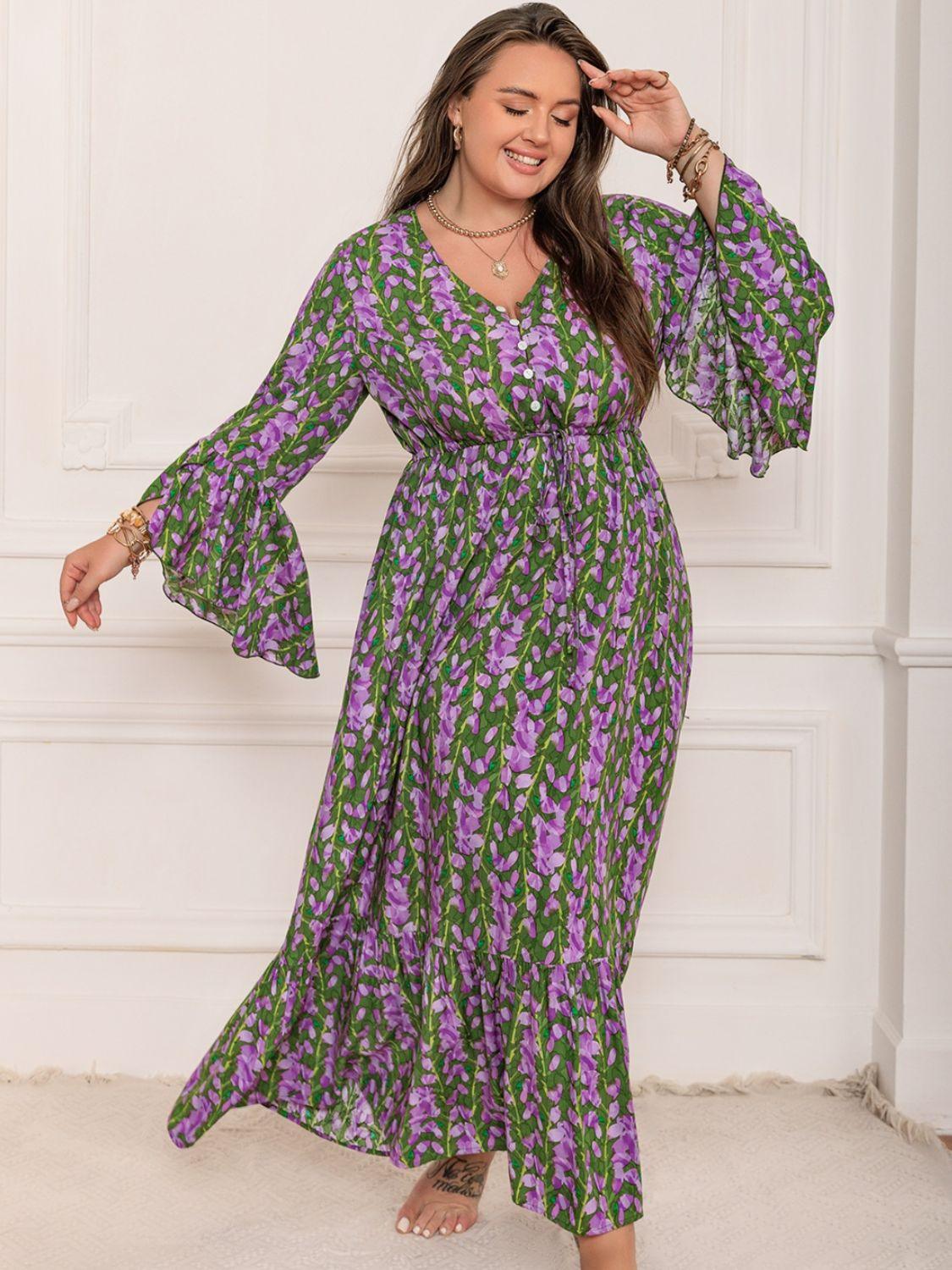 Plus Size Printed V-Neck Long Sleeve Maxi Dress Mauve