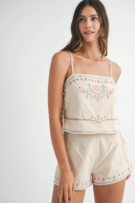 MABLE Embroidered Crop Top and Shorts Set Taupe