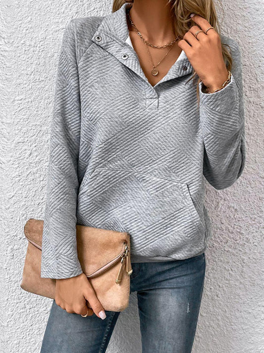 Perfee Half Buttoned Collared Neck Sweatshirt with Pocket Light Gray