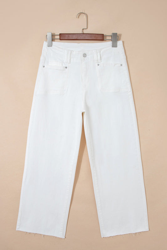 Solid Raw Hem Cropped Straight Leg Jeans