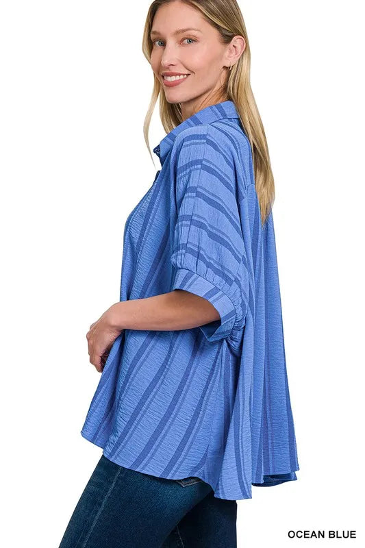 Zenana Woven Yarn-Dye Stripe Oversized Button Down Shirt