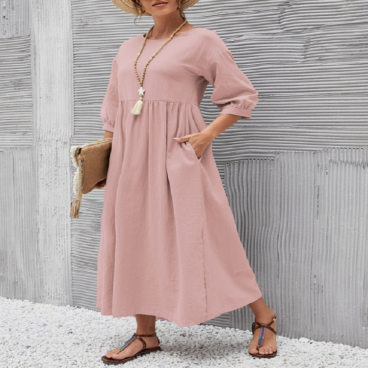 Women's Cotton Round Neck A-line Skirt Dress