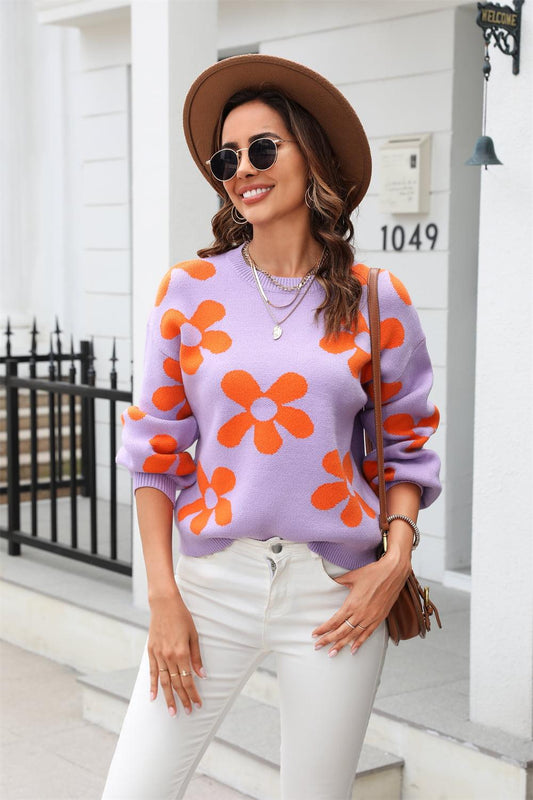 Angel Wings Floral Print Round Neck Dropped Shoulder Pullover Sweater Lavender