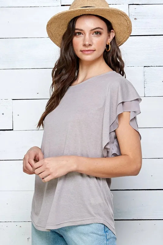 Lime 'N' Chili Round Neck Double Ruffle Cap Sleeve Top MOCHA GRAY