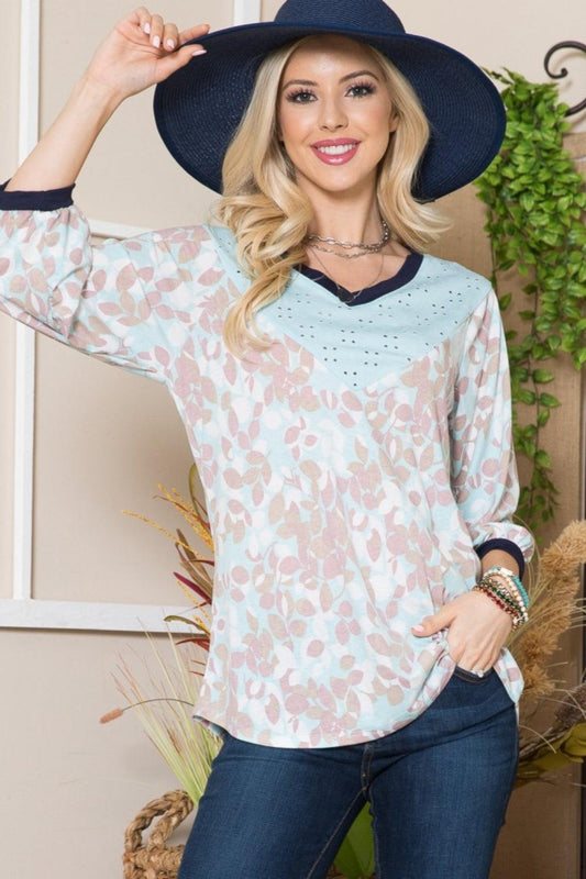 Celeste Full Size Leaf Print Contrast Trim Balloon Sleeve Top Mint Taupe