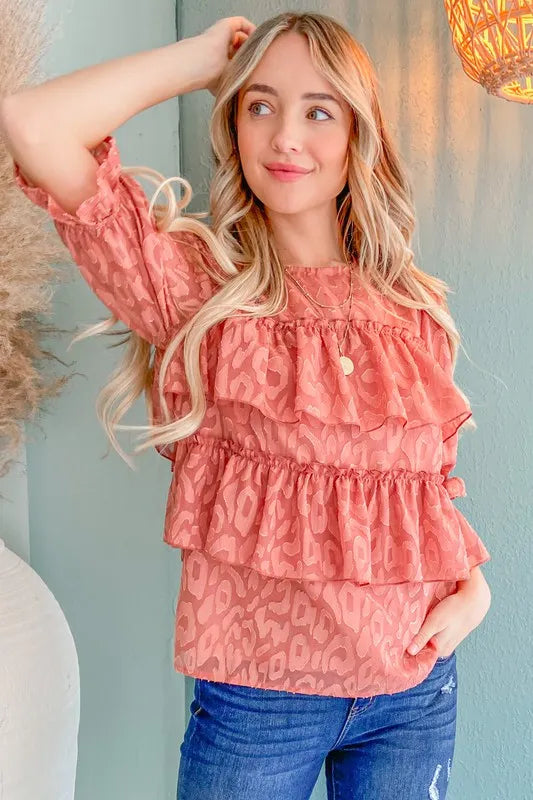 And The Why Leopard Tiered Ruffle Blouse Top