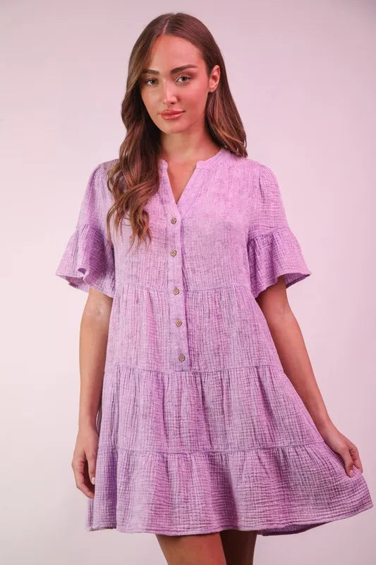 VERY J Mineral Washed Baby Bell Sleeve Woven Mini Dress Lavender