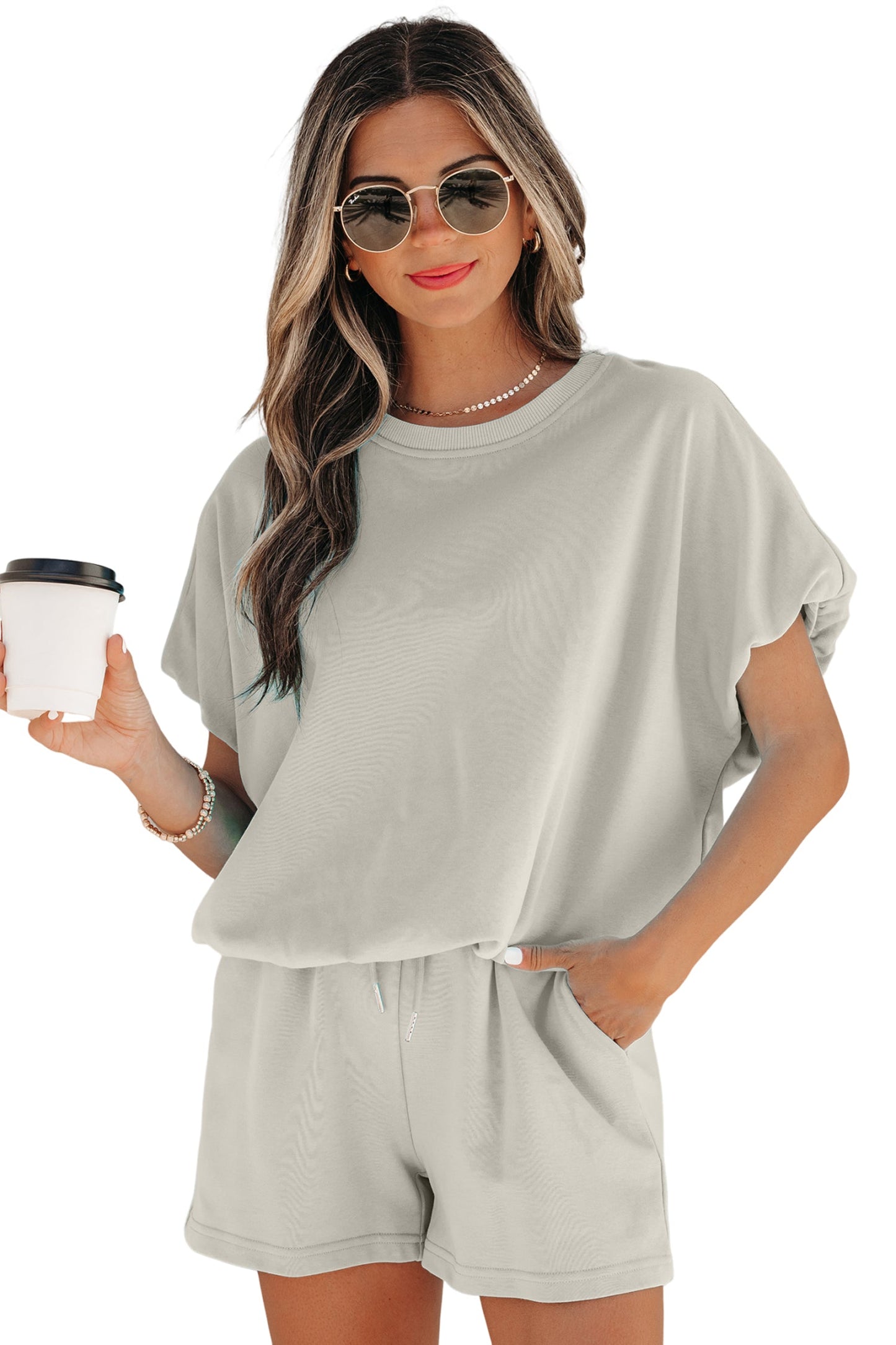 Solid Puff Sleeve Top & Drawstring Shorts Set