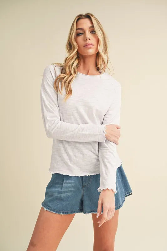 Aemi + Co Lettuce Hemline Round Neck Raglan Sleeve T-Shirt White