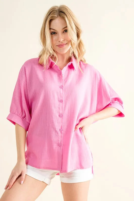 And The Why Oversized Linen Button Down Shirts Top PINK