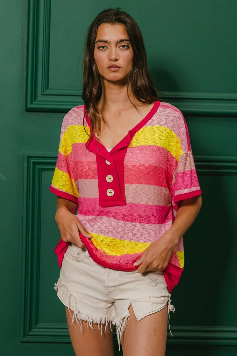 BiBi Multi Color Stripe Hacci Button Detail Ringer Top