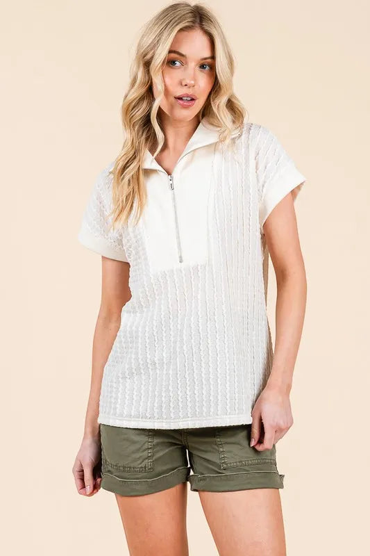 Lime 'N' Chili Textured Half Zip Cap Sleeve Contrast Top