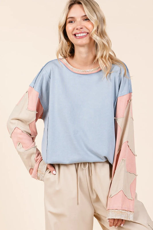 Mittoshop Star Patch Long Sleeve Colorblock Mineral Wash Top BLUE