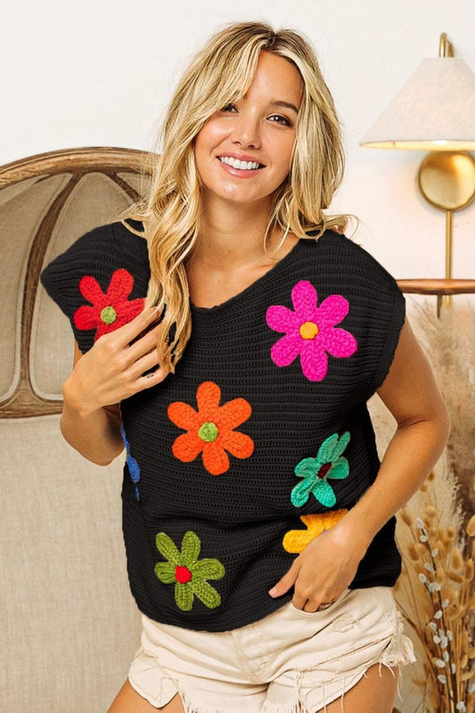 BiBi Flower Round Neck Cap Sleeve Knit Top Black Multi