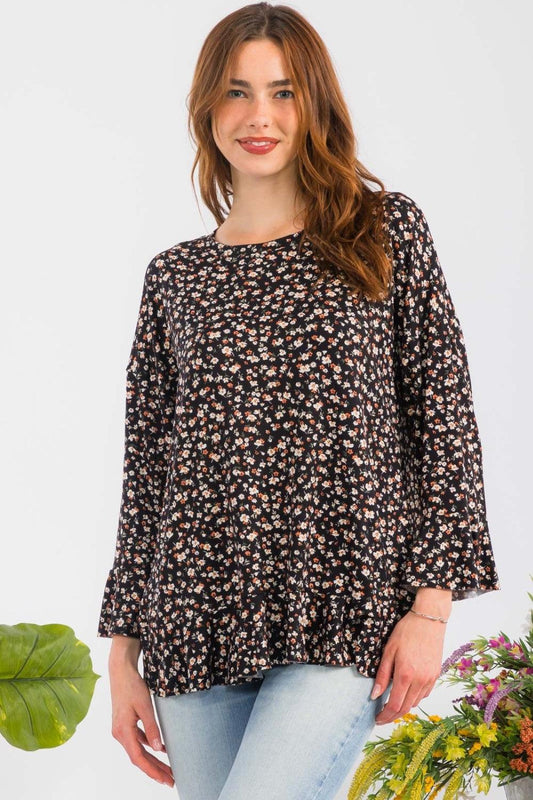 Celeste Full Size Floral Ruffle Detail Top Black