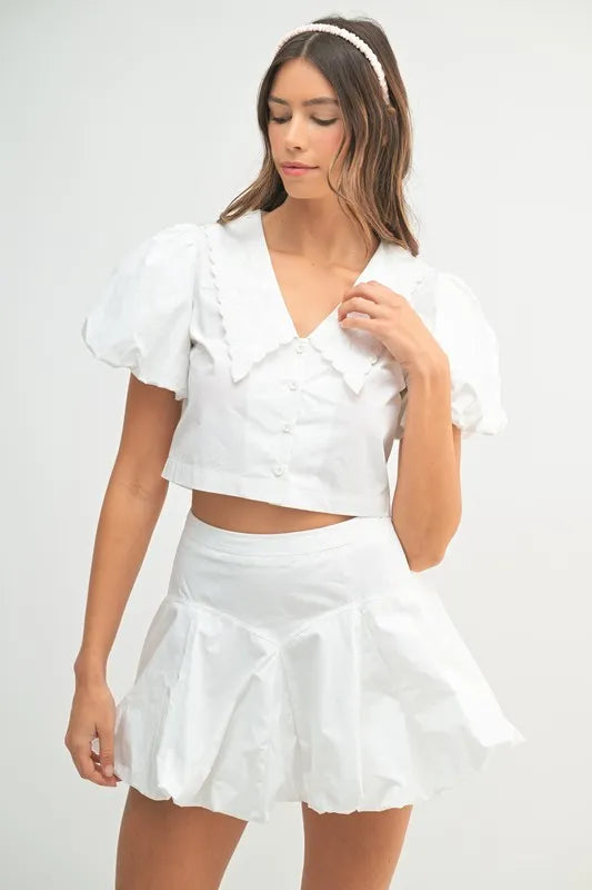 MABLE Puff Sleeve Button Down Top and Bubble Skirt Set