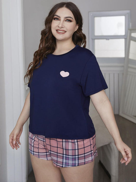 Plus Size Heart Graphic Top and Plaid Shorts Loungewear Set Navy Pink