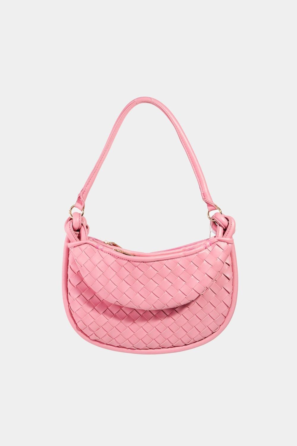 Fame PU Leather Basket Weave Half Moon Bag Pink One Size