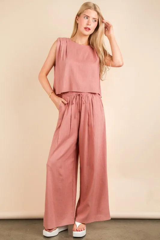 VERY J Solid Woven Top & Pants Set Mauve