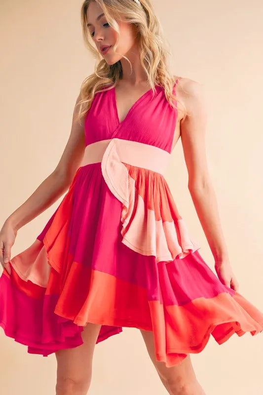 Aemi+Co Ruffled Color Block Sleeveless Mini Dress PINK COMBO