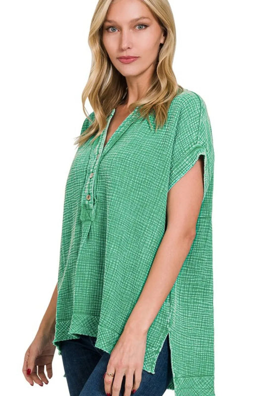 Zenana Washed Double Gauze 3/4 Button Henley Neck Shirt K GREEN
