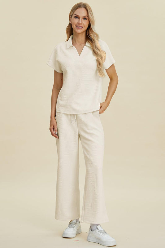 Double Take Full Size Collared Neck Short Sleeve Top and Pants Set Cream