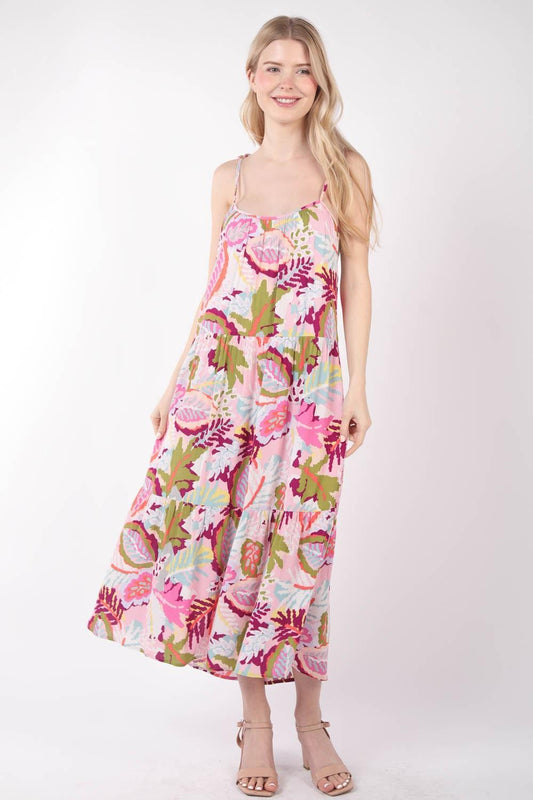 VERY J Tropical Printed Cami Midi Dress Pink Mix