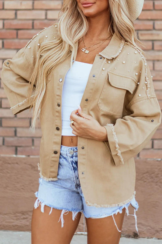 Raw Hem Pearl Trim Dropped Shoulder Denim Jacket Tan