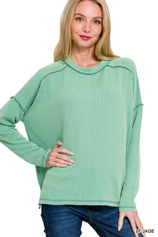 Zenana Exposed Seam Long Sleeve Corded Rib Knit Top LT JADE