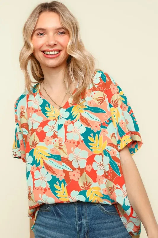 Haptics V Neck Drop Shoulder Hawaiian Woven Top Coral Light Blue