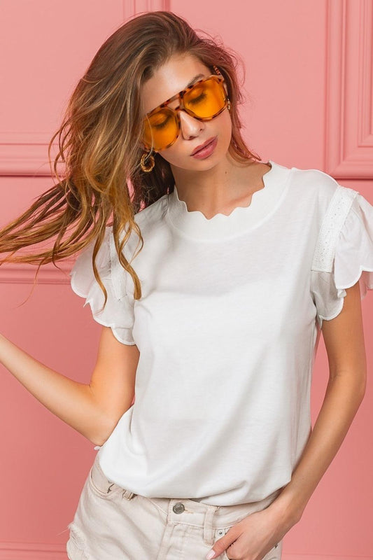 BiBi Scallop Edged Lace Trim Top Off White