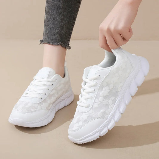 Lace Up Round Toe Star Mesh Athletic White