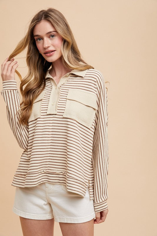 Annie Wear Striped Button Detail Long Sleeve Polo Top Taupe combo