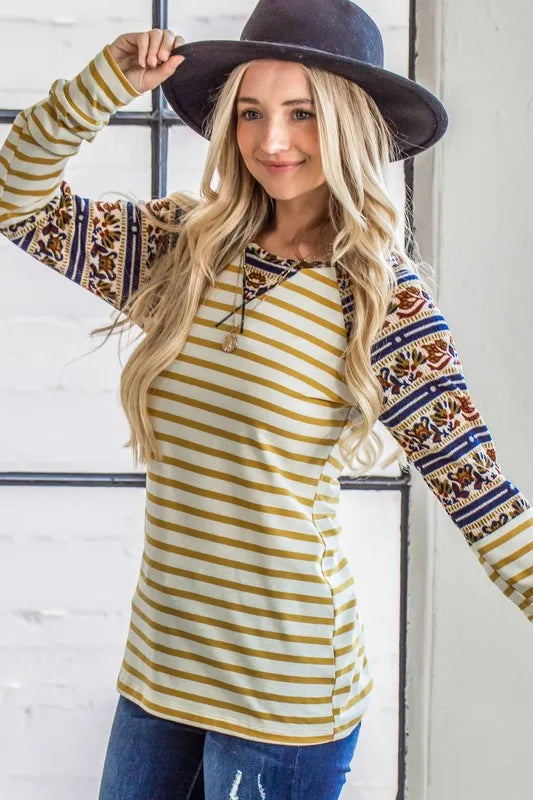 And The Why Stripe Ethnic Print Raglan Top YELLOW