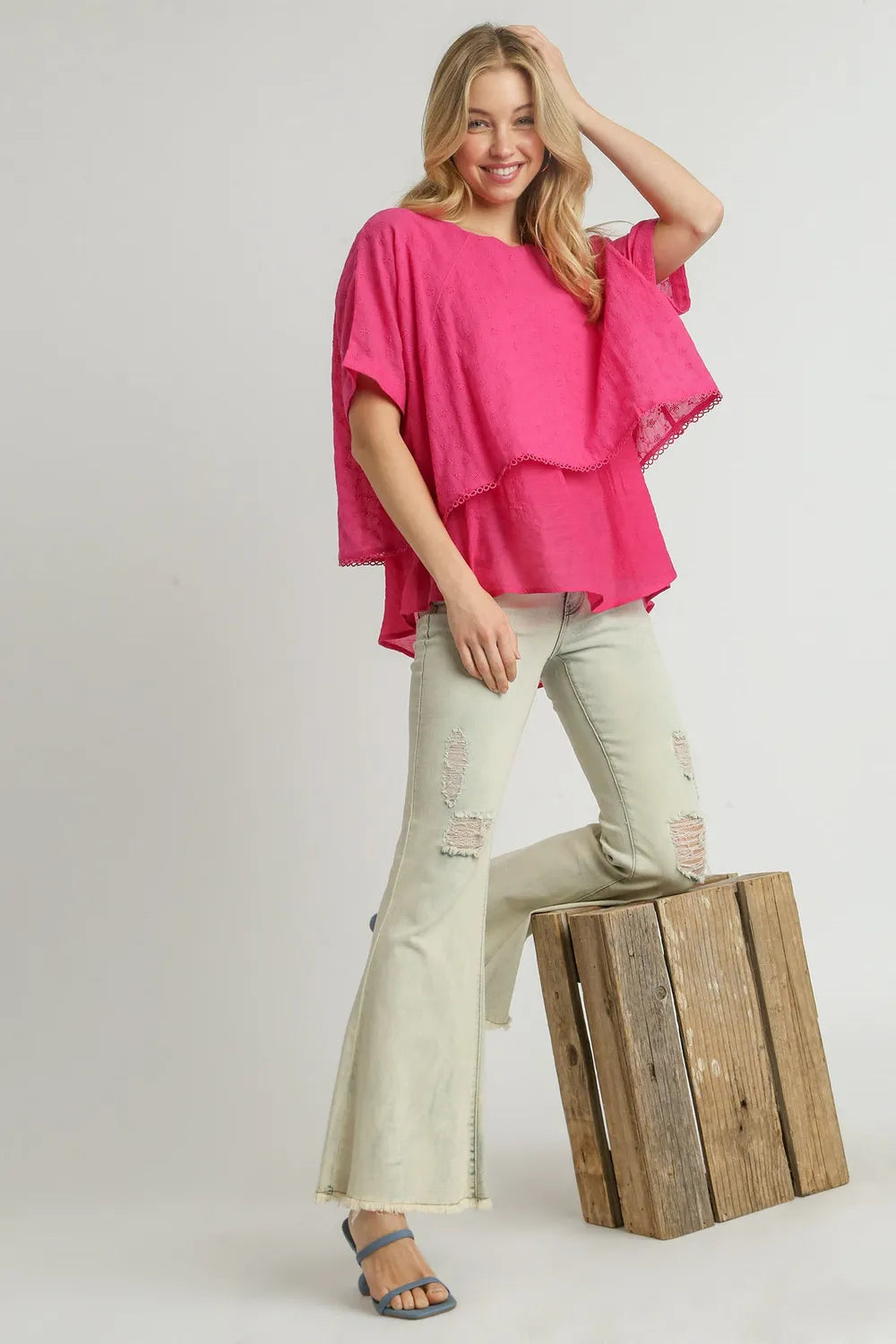 Umgee Full Size Eyelet Layered Short Sleeve Blouse Plus Size