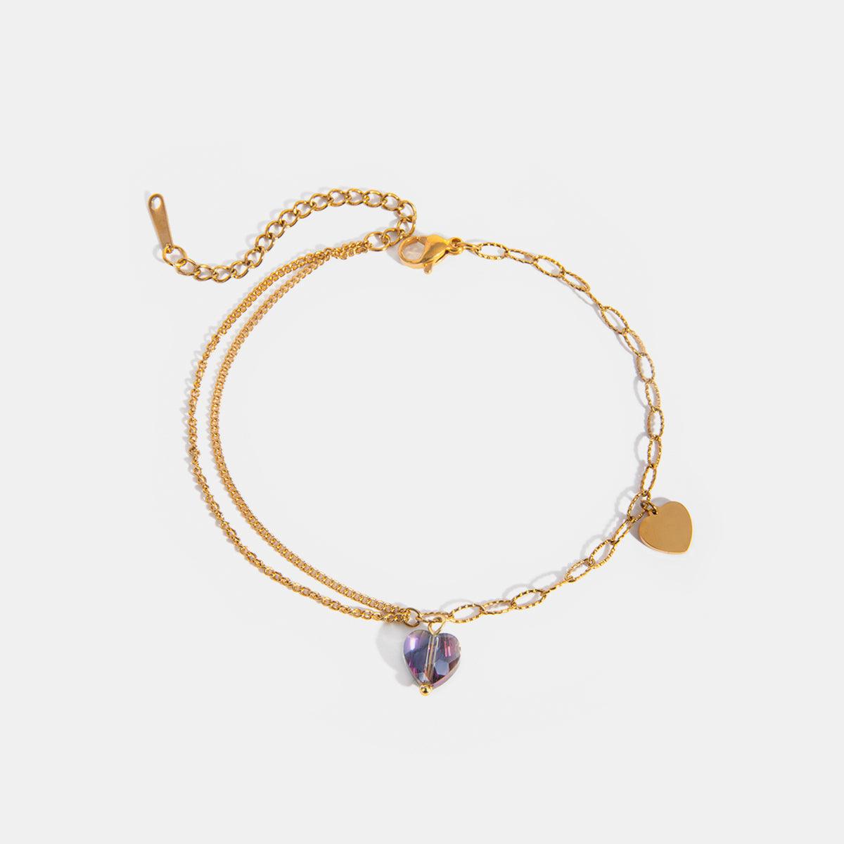 Stainless Steel Synthetic Crystal Heart Anklet Bracelet Gold One Size