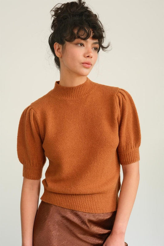 HYFVE Mock Neck Puff Sleeve Sweater Chocolate