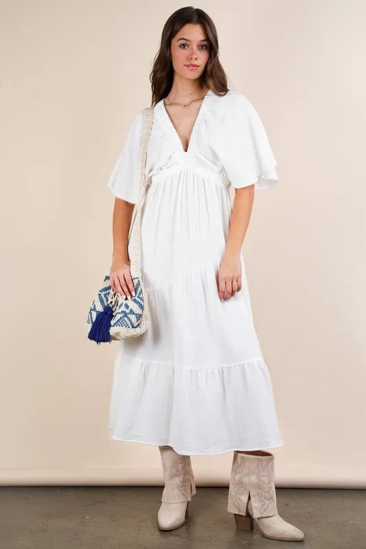 VERY J Mineral Washed Elastic Neck Detail Midi Dress White