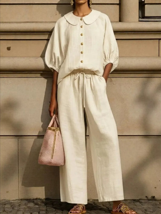 Full Size Button Down Half Sleeve Top and Pants Set Plus Size