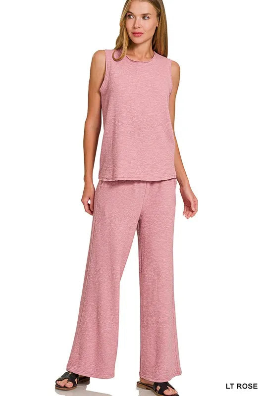 Zenana Cotton Slub Tank and Pants Set LT ROSE