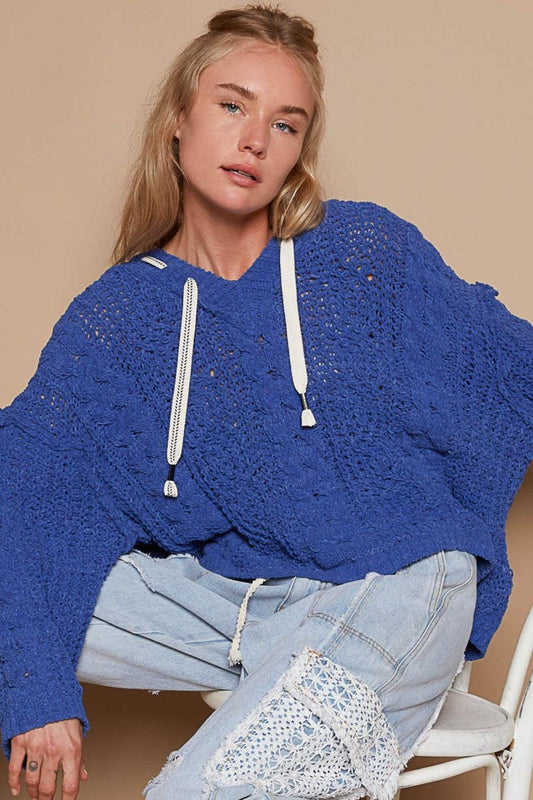 POL Cable Knit Hooded Chenille Sweater Ultramarine