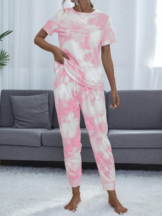 Tie-Dye Round Neck Short Sleeve Top and Pants Blush Pink
